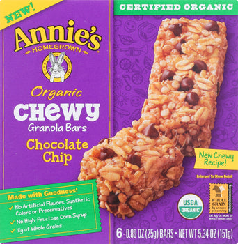 ANNIES HOMEGROWN: Organic Chewy Granola Bars Chocolate Chip 6 pk, 5.34 oz