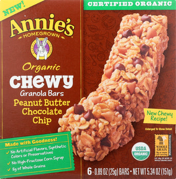 ANNIES HOMEGROWN: Organic Chewy Granola Bars Peanut Butter Chocolate Chip 6 pk, 5.34 oz