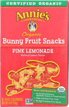 ANNIE'S HOMEGROWN: Organic Bunny Fruit Snack Pink Lemonade, 4 Oz