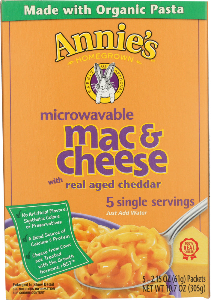 ANNIE'S HOMEGROWN: Microwavable Macaroni & Cheese with Real Aged Cheddar 5 Single Servings, 10.7 Oz