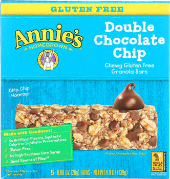 ANNIE'S HOMEGROWN: Chewy Gluten Free Granola Bars Double Chocolate Chip 5 Bars, 4.9 oz