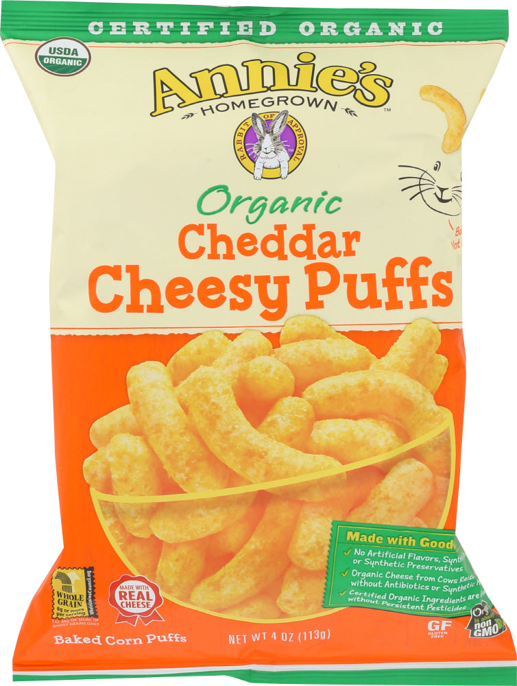 ANNIES HOMEGROWN: Organic Cheddar Cheesy Puffs, 4 oz