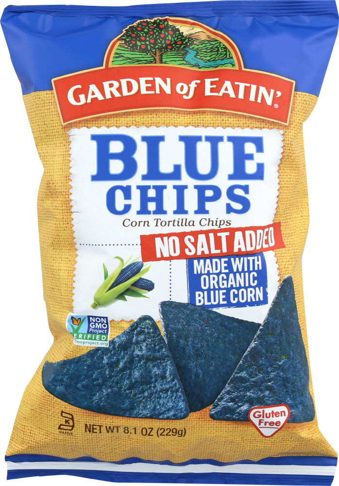 GARDEN OF EATIN: Blue Tortilla Corn Chips No Salt, 9 oz