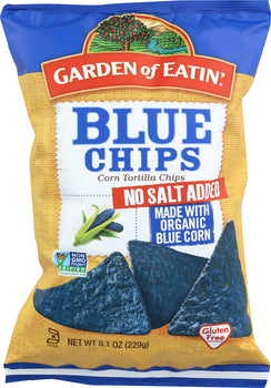 GARDEN OF EATIN: Blue Tortilla Corn Chips No Salt, 9 oz