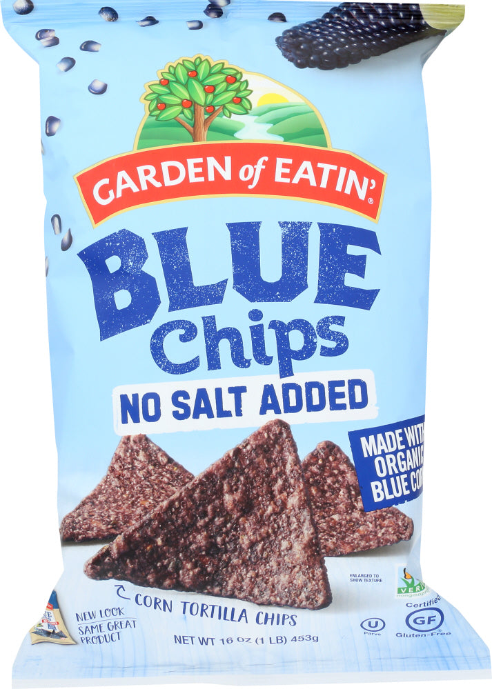 GARDEN OF EATIN: Blue Corn Chips No Salt Added, 16 oz