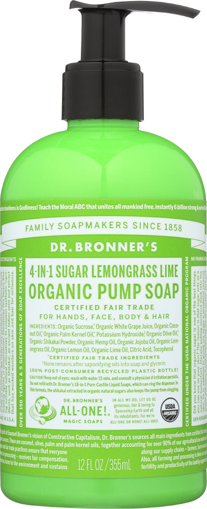 DR. BRONNER'S: 4-in-1 Sugar Lemongrass Lime Organic Pump Soap, 12 oz