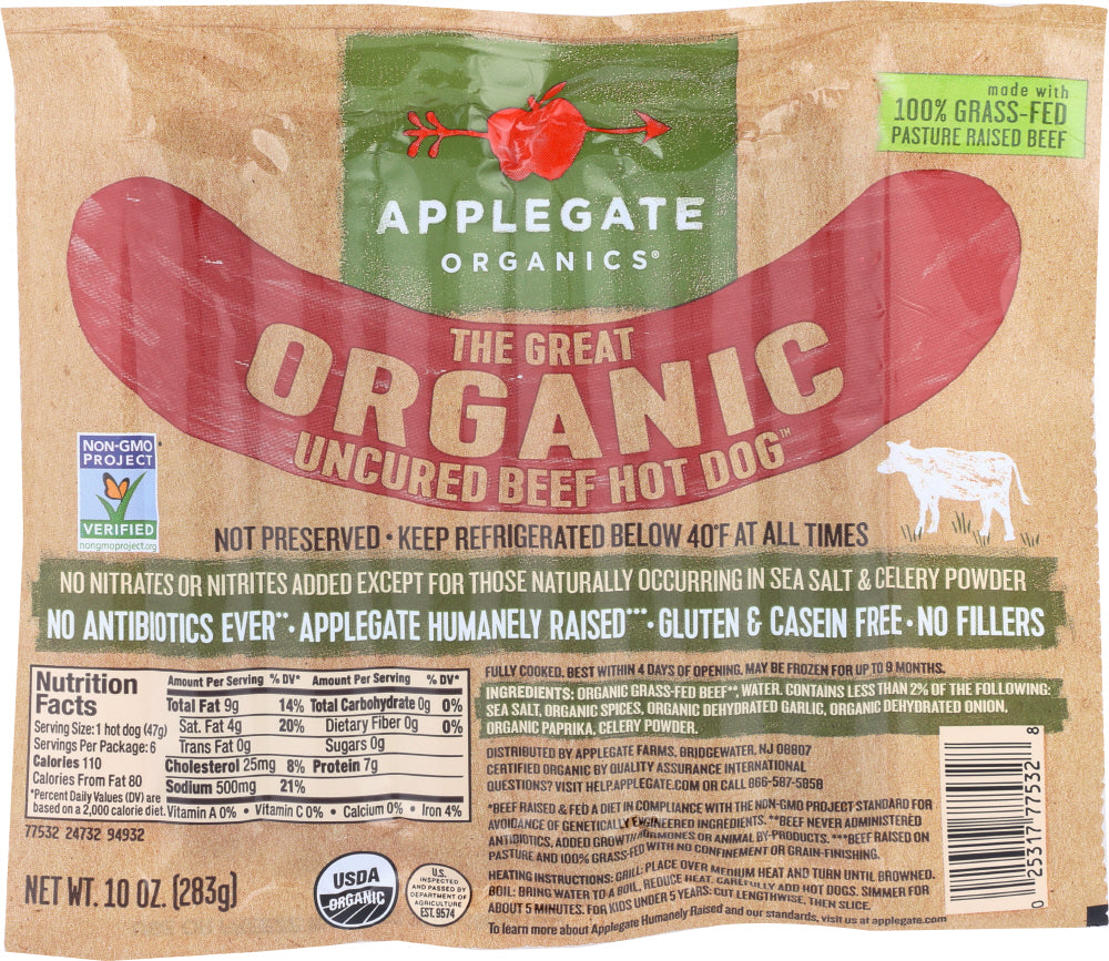 APPLEGATE: Uncured Beef Hot Dog Organic, 10 oz