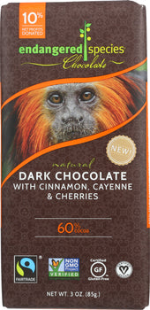 ENDANGERED SPECIES: Chocolate Natural 60% Dark Chocolate Bar Cinnamon Cayenne & Cherries, 3 Oz