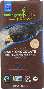 ENDANGERED SPECIES: Chocolate Natural 60% Dark Chocolate Bar Blackberry Sage, 3 Oz