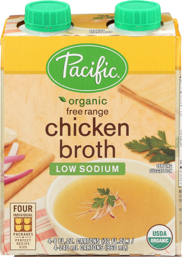 PACIFIC FOODS: Organic Free Range Chicken Broth Low Sodium 4 count (8 oz each), 32 oz