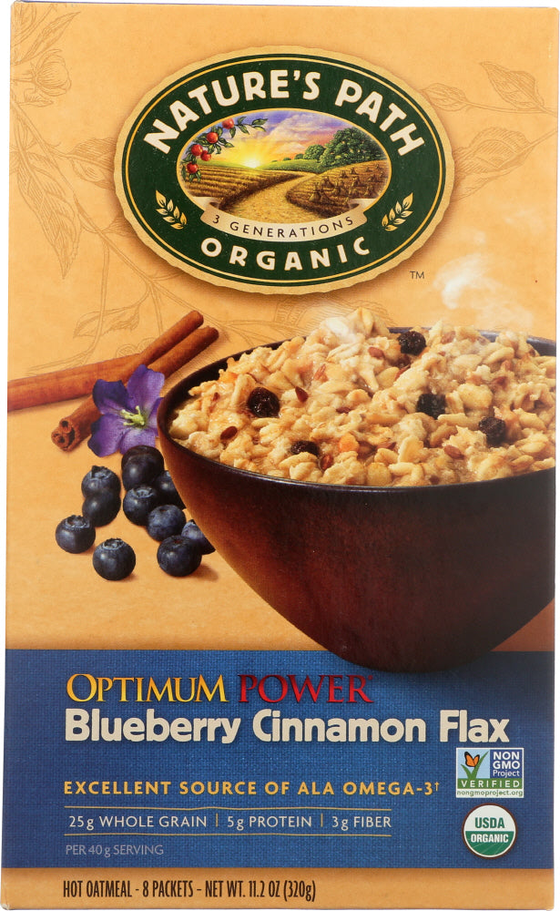 NATURE'S PATH: Organic Optimum Power, Hot Oatmeal, Blueberry Cinnamon Flax, 8 Packets, 11.2 Oz