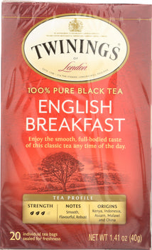 TWININGS OF LONDON: Classics English Breakfast Tea Medium Tea Strength 20 Tea Bags, 1.41 oz