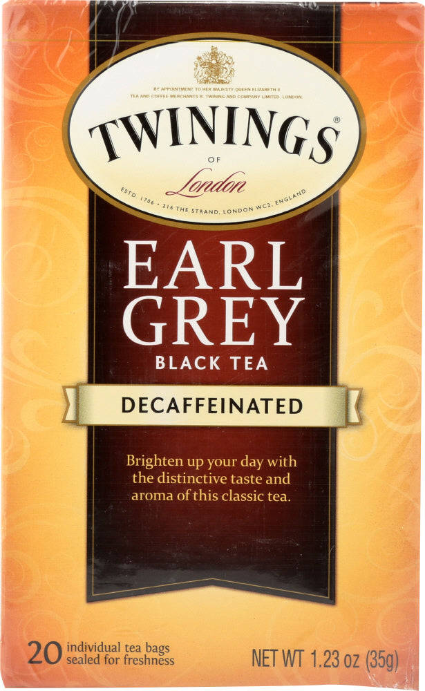 TWININGS OF LONDON: Classics Earl Grey Naturally Decaffeinated, 20 Tea Bags, 1.23 oz