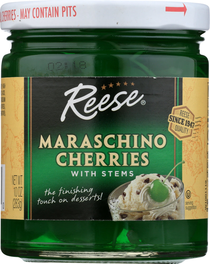 REESE: Green Maraschino Cherries with Stems, 10 oz