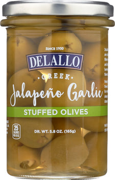 DELALLO: Garlic & Jalapeno Stuffed Green Greek Olives, 5.8 oz