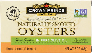 CROWN PRINCE: Naturally Smoked Oysters in Pure Olive Oil, 3 oz