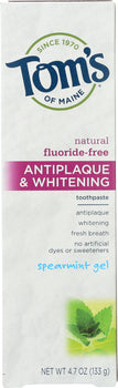 TOMS OF MAINE: Fluoride-Free Antiplaque & Whitening Toothpaste Spearmint Gel, 4.7 Oz