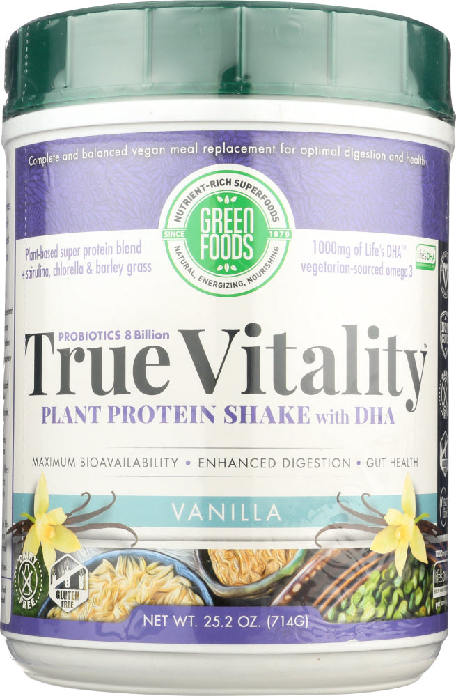 GREEN FOODS: True Vitality Plant Protein Shake with DHA Vanilla, 25.2 oz