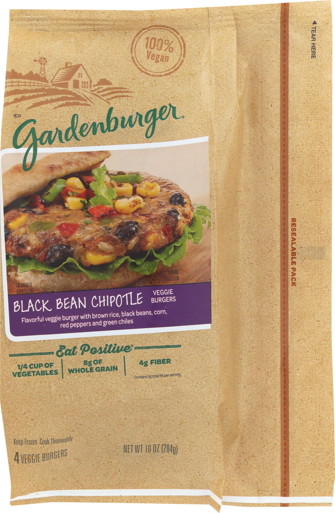 GARDENBURGER: Frozen Black Bean Chipotle Veggie Burgers, 10 oz