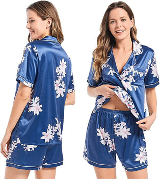 Women's Silk Satin Pajamas Short Sleeve Shorts Loungewear Two-Piece Button-Down Pj Set