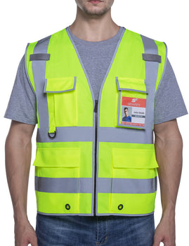 Safety Vest with 9 Pockets, High Visibility Reflective Vest, Construction Vest for Men, Security Vest, Work Vest for Men, ANSI/ISEA Class 2 Type R, Yellow, L