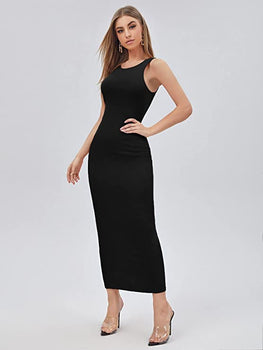 Verdusa Women's Basic Round Neck Sleeveless Solid Bodycon Maxi Long Dress