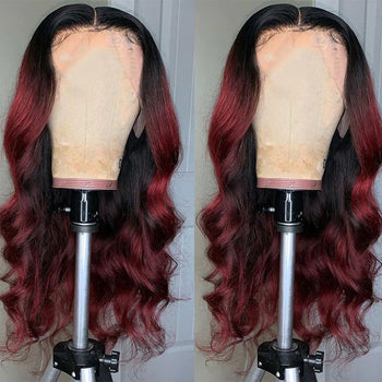 Mixed Red Black Body Wave Transparent Human Hair Lace Wigs For Black Women Virgin Hair Wigs