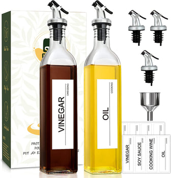 GMISUN Oil and Vinegar Dispenser Set, Olive Oil Dispenser Bottle with 17oz / 500ml Cooking Oil Container, Spout, Funnel and Labels, 2 Pack Glass Cruets for Vinegar and Oil, Clear