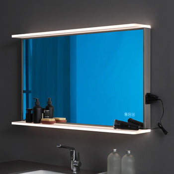 FRALIMK Lighted Bathroom Mirror with Shelf and Outlet, Dimmable 24x40 inch LED Vanity Bathroom Mirror with Lights, Anti Fog Lighted Vanity Mirror for Wall, 3 Color Lighting, High Lumen