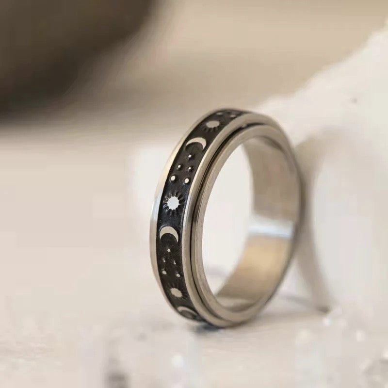 Silver Star Moon Decompression Anxiety Rings In Titanium steel