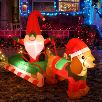 6FT Inflatable Gnomes in Sled with Weiner Dog Light Up Inflatable Christmas Yard Decorations