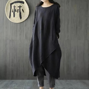 Spring Bohemian linen cotton O-Neck asymmetric shirt Dresses