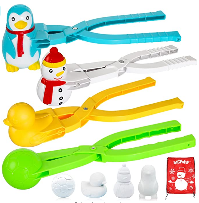 MGparty 4 Pack Snowball Maker Snow Ball Toys with Handle, Winter Outdoor Snowball Fights Maker Tool Clip for Kids, Shape of Penguin Duck Soccer Snowman Snow Toys Beach Sand Toys with Drawstring Bag