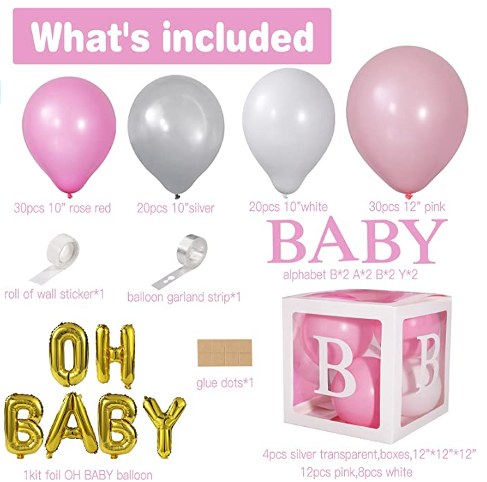 141 PCS Baby Shower Boxes Party Decorations Individual BABY Blocks Design for Boys Girls Baby Shower Decorations Gender Reveal Balloon Arch Kit Birthday Party Backdrop (Pink)