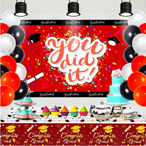 Graduation Party Decorations 2023 Red- Large Congrats Graduation Themed Photography Background,2 pack Waterproof Plastic Rectangle Grad Tablecloth Graduation Tablecover