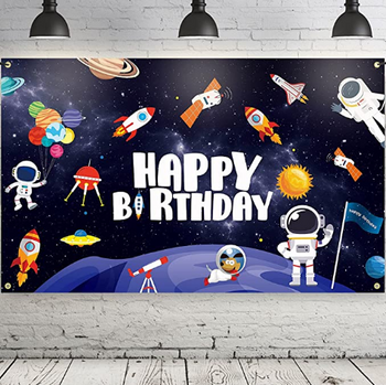 Outer Space Happy Birthday Backdrop Banner Galaxy Planet Astronaut Rocket Photography Background Decoration Space Birthday Party Decorations Supplies for Boys Kids 73 × 45 Inches