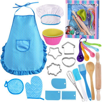 25 Pcs Kids Cooking and Baking Set, Chef Costume Role Play, Includes Kids Apron, Chef Hat,Mitt,Utensils,Cake Cutter,Cupcake Moulds for Toddler Dress Up Kids Gift for 3-8, Easy Bake Oven for Kids