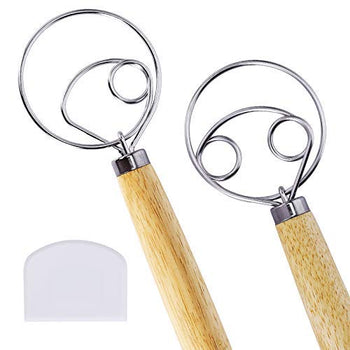 Homyplaza 2 Pack Danish Dough Whisk, 13.2&quot; Dutch Hand Bread Whisk with Stainless Steel Ring &amp; Hook Wooden Mixer For Bread, Dough, Cake