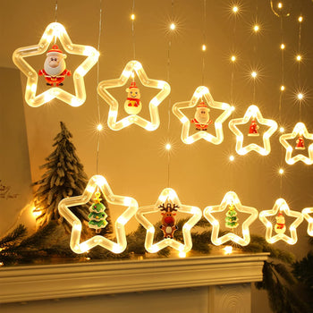 Christmas Curtain Lights Indoor - BLOOMWIN Hanging Window Light 10 Stars Ring with Xmas Ornaments - USB Remote Control 9.8ft Christmas Window Lights Decorations