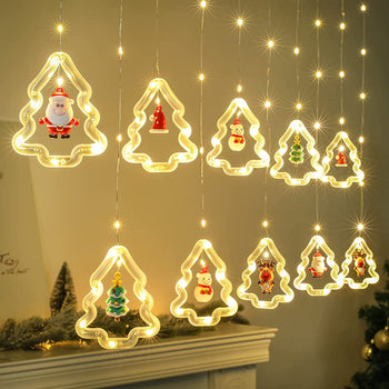 Christmas Window Lights - BLOOMWIN Lighted Xmas Window Decorations - Tree Shape Ring Light with Ornament Curtain Light Indoor - USB Novelty String Hanging Lights