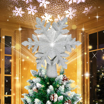 BLOOMWIN Christmas Tree Topper Lighted with Snowflake Projector, LED Rotating Hollow Snowflake, 3D Glitter Lighted Silver Snowflake Tree Topper for Xmas Tree Festival Decorations Lights