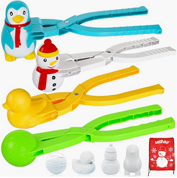 MGparty 4 Pack Snowball Maker Snow Ball Toys with Handle, Winter Outdoor Snowball Fights Maker Tool Clip for Kids, Shape of Penguin Duck Soccer Snowman Snow Toys Beach Sand Toys with Drawstring Bag