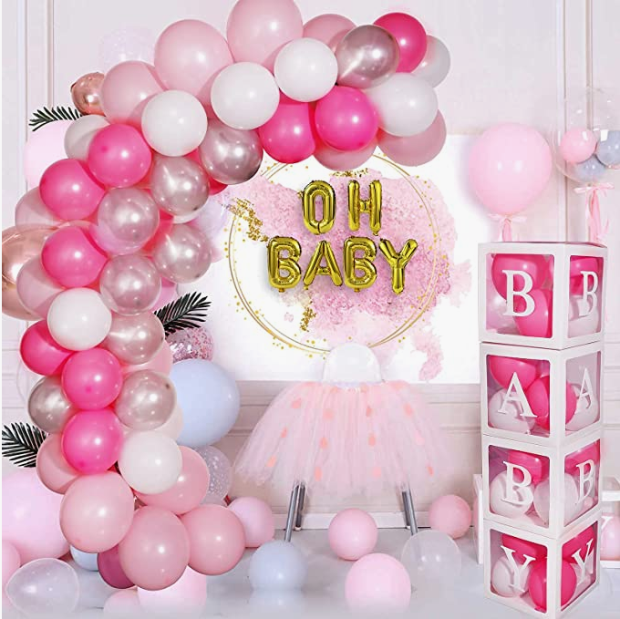 141 PCS Baby Shower Boxes Party Decorations Individual BABY Blocks Design for Boys Girls Baby Shower Decorations Gender Reveal Balloon Arch Kit Birthday Party Backdrop (Pink)