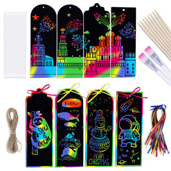 Max Fun 36 PCS 3 Style Rainbow Magic Scratch Paper Bookmarks Gift Tag DIY Bookmark Art Craft Kit with Wooden Styluses for Kids,Christmas, Party Favor