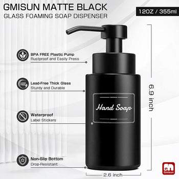 GMISUN Foaming Soap Dispenser, 2 Pack Matte Black Glass Foam Hand Soap Dispenser, 12 Oz Modern Foam Pump Bottle for Kitchen Sink &amp; Bathroom, Refillable Foaming Shower Soap Dispenser