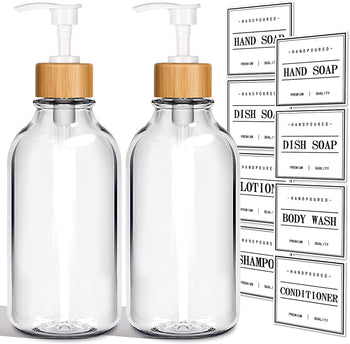 Mierting Clear Soap and Lotion Dispenser Set, 2 Pack Plastic Liquid Soap Dispenser with Bamboo Pump, 16 Oz Hand and Dish Soap Dispenser Set for Kitchen &amp;amp