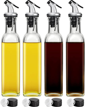 GMISUN 8oz Olive Oil Bottle Dispenser, 4 Pack Leakproof Oil And Vinegar Dispenser Set With Clear Glass Oil Bottle, Non-Drip Spouts, Black Caps, Funnel And Labels