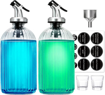 Glass Mouthwash Dispenser, Luxury Mouthwash Decanter for Bathroom, 2Pack Refillable Mouth Washer Bottle Container with Cups, Preprinted Waterproof Labels-13oz