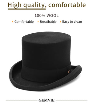 GEMVIE Men Wool Black Top Hat 13.5cm Height