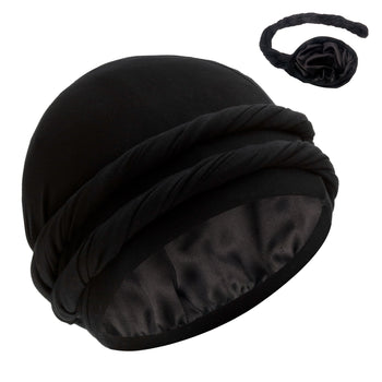 Silk Satin Lined Halo Turban Bonnet - Pretied Tail Design Head Wrap Durag for Men and Women - Sleep Cap Hair Cover